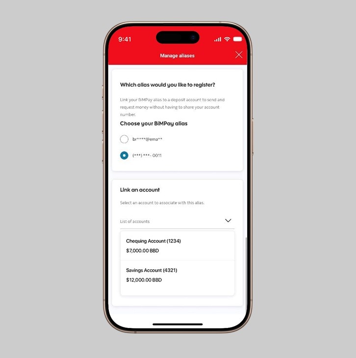 Scotia Caribbean app accounts screen with Transfers icon second from the left along bottom edge.