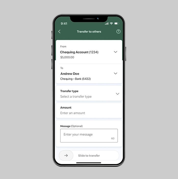 To others screen with selections for review above Terms and Conditions checkbox and Slide to transfer button.